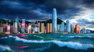 Illustration de l'approche du typhon Wipha vers Hong Kong, générée par intelligence artificielle.