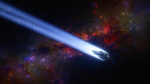 Illustration de la comète interstellaire 3I/Atlas traversant notre système solaire, générée par intelligence artificielle.