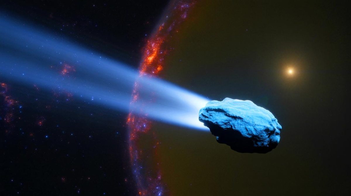 Illustration de la comète interstellaire 3I/ATLAS traversant notre système solaire, générée par intelligence artificielle.