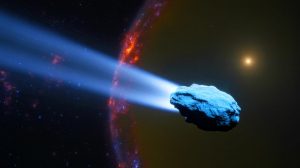 Illustration de la comète interstellaire 3I/ATLAS traversant notre système solaire, générée par intelligence artificielle.