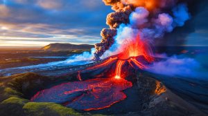 Illustration de l'éruption du volcan sur la péninsule de Reykjanes, générée par intelligence artificielle.