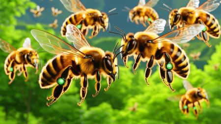 Illustration de l'utilisation d'abeilles cyborgs dans le renseignement militaire, générée par intelligence artificielle.