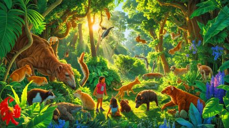 Illustration de la découverte de la nature et des animaux à travers des livres jeunesse captivants. Image réalisée par IA.