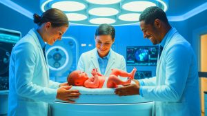 Illustration de l'innovation médicale permettant la naissance de bébés avec l'ADN de trois personnes, générée par intelligence artificielle.