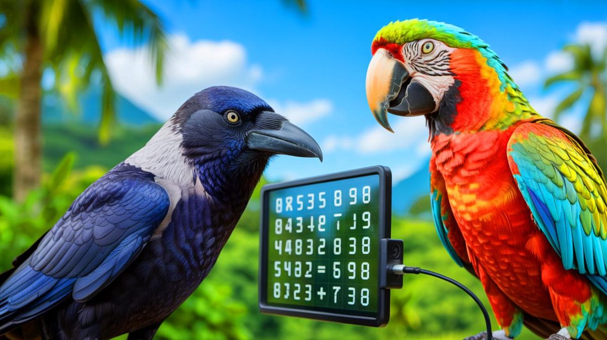 Illustration de la capacité des animaux à comprendre et manipuler les nombres, générée par intelligence artificielle.