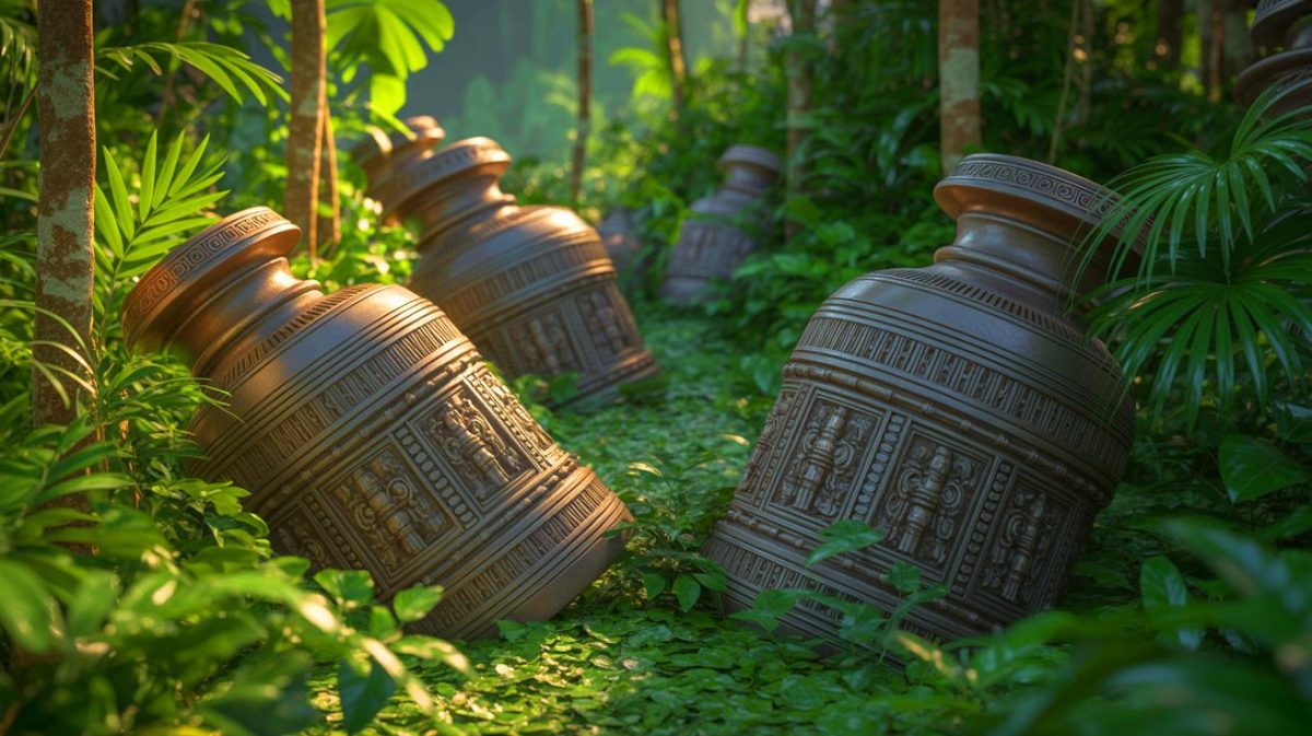 Illustration de la découverte d'urnes funéraires indigènes en Amazonie, générée par intelligence artificielle.