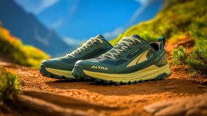 Illustration de l'innovation technologique des chaussures de randonnée Altra Lone Peak 9, générée par intelligence artificielle.