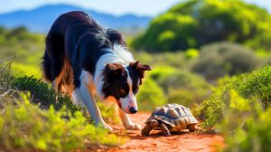 Illustration de chiens renifleurs aidant à la conservation des tortues géométriques en Afrique du Sud, générée par intelligence artificielle.