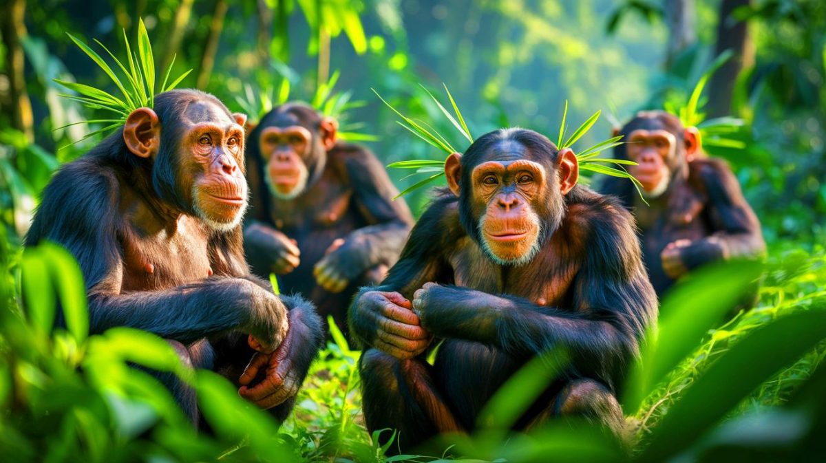 Illustration de chimpanzés en train d'insérer des brins d'herbe dans leurs oreilles et arrière-train, générée par intelligence artificielle.