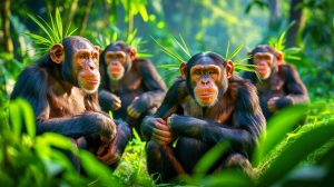 Illustration de chimpanzés en train d'insérer des brins d'herbe dans leurs oreilles et arrière-train, générée par intelligence artificielle.