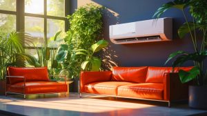 Illustration de l'impact des climatiseurs modernes sur le confort domestique, générée par intelligence artificielle.
