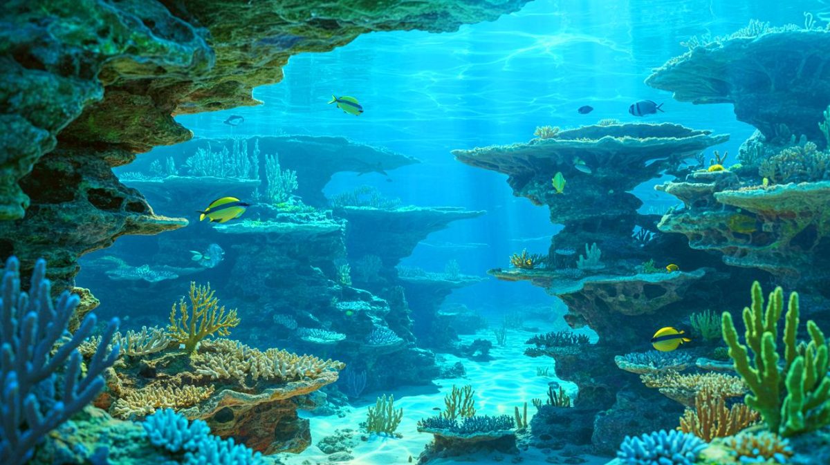 Illustration de récifs coralliens fossiles révélant des changements climatiques passés, générée par intelligence artificielle.