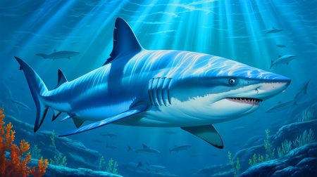 Illustration de requins bleus utilisant des capacités caméléoniennes pour se camoufler dans leur environnement, créée par intelligence artificielle.