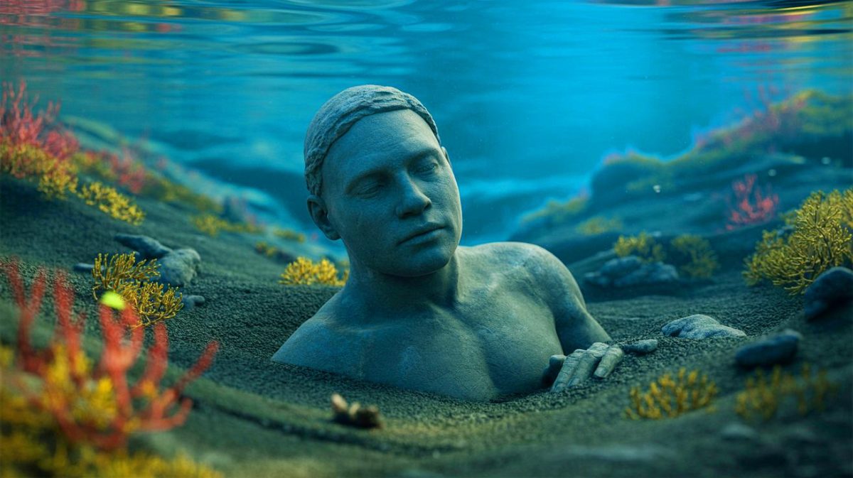 Illustration de la découverte d'une figurine en argile sous-marine dans le lac de Bolsena, générée par intelligence artificielle.
