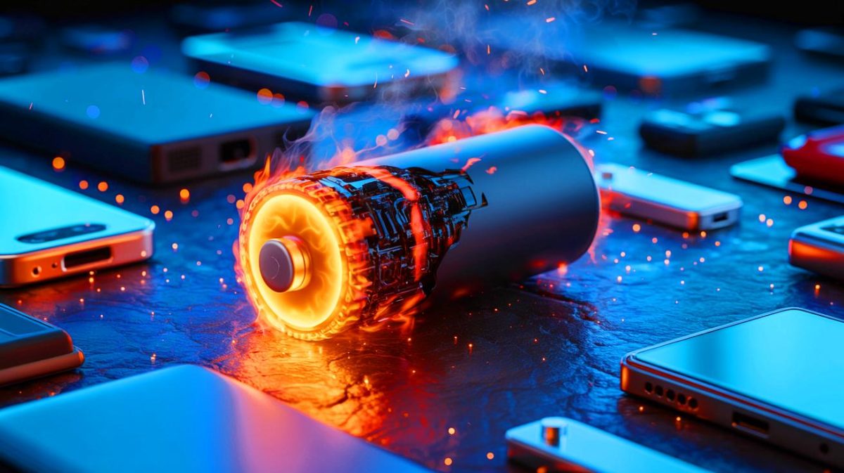 Illustration d'une batterie lithium-ion en surchauffe, générée par intelligence artificielle.