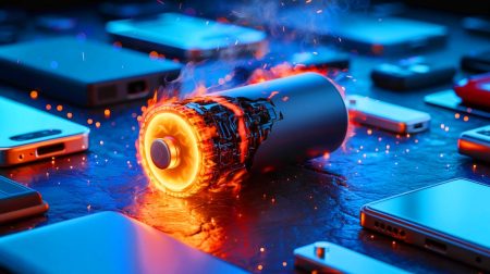 Illustration d'une batterie lithium-ion en surchauffe, générée par intelligence artificielle.