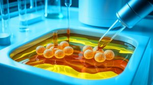 Illustration de la transformation de l'urine humaine en matériau biomédical précieux grâce à des levures modifiées, générée par intelligence artificielle.