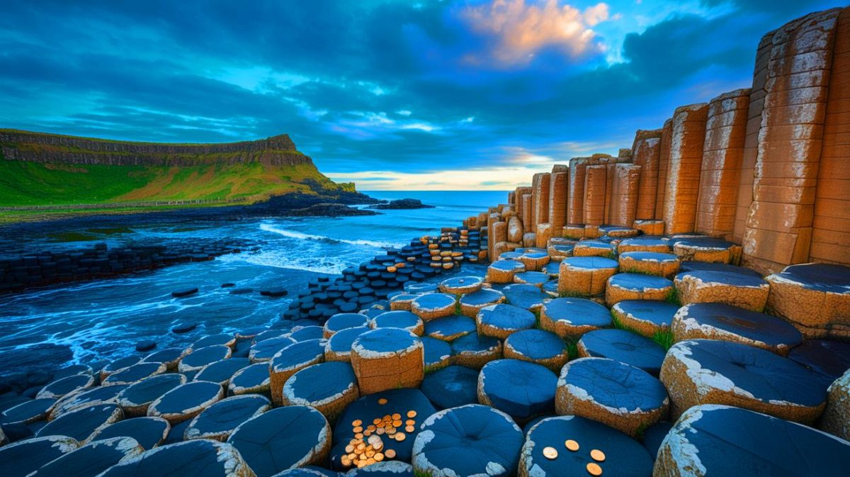 Illustration de la Chaussée des Géants en Irlande du Nord, avec des pièces de monnaie insérées entre les pierres, générée par intelligence artificielle.
