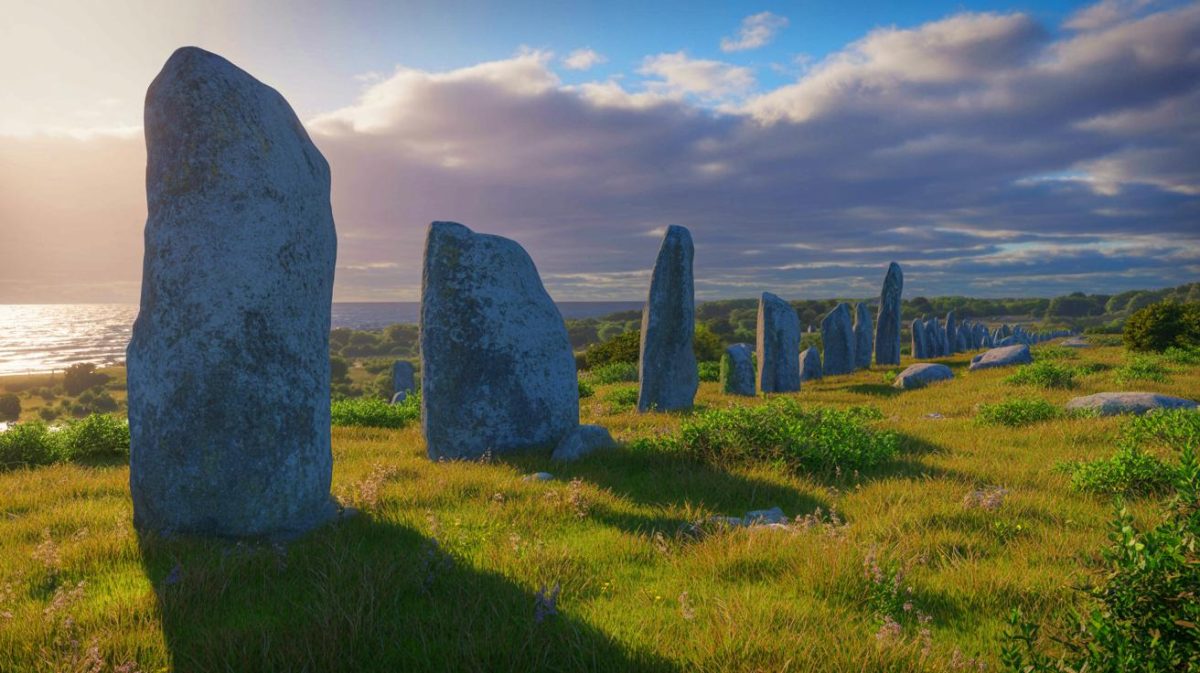 Illustration de l'ancien site mégalithique de Carnac, créée par intelligence artificielle.
