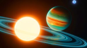 Illustration de Jupiters chauds orbitant près de leurs étoiles dans un système binaire, générée par intelligence artificielle.