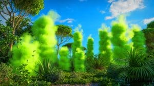Illustration de plantes émettant de l'isoprène dans l'air, générée par intelligence artificielle.