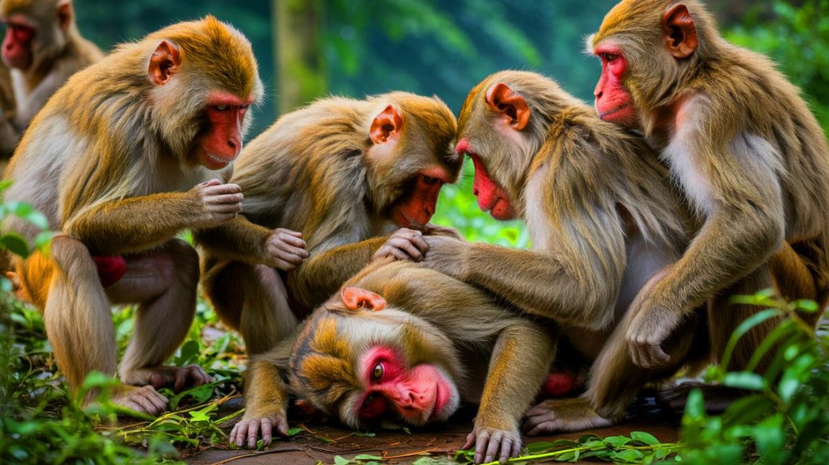 Illustration de macaques japonais manifestant des comportements de deuil, générée par intelligence artificielle.
