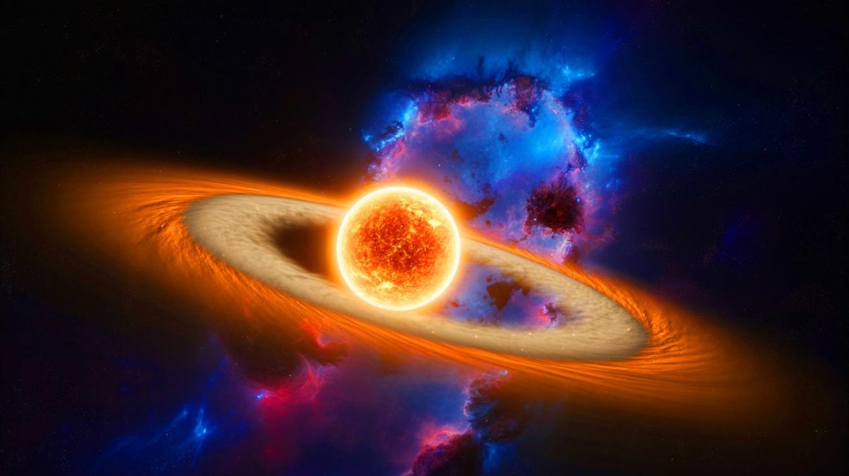 Illustration de la formation d'un système solaire autour de l'étoile HOPS-315, créée par intelligence artificielle.