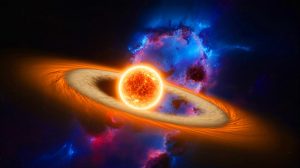 Illustration de la formation d'un système solaire autour de l'étoile HOPS-315, créée par intelligence artificielle.