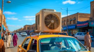 Illustration de taxis afghans à Kandahar équipés de climatiseurs portatifs sur le toit, générée par intelligence artificielle.