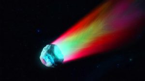 Illustration de la comète interstellaire 3I/ATLAS révélant sa chevelure, générée par intelligence artificielle.