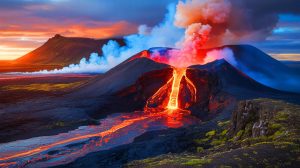 Illustration de l'éruption volcanique sur la péninsule de Reykjanes en Islande, générée par intelligence artificielle.