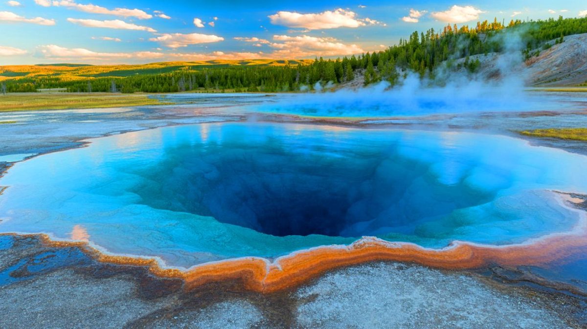 Illustration de la formation d'un bassin d'eau chaude dans le parc national de Yellowstone, créée par intelligence artificielle.