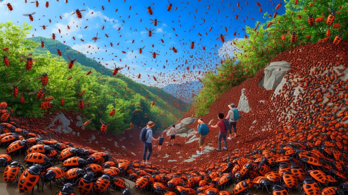 Illustration de l'invasion de lovebugs en Corée du Sud, générée par intelligence artificielle.