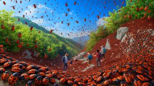 Illustration de l'invasion de lovebugs en Corée du Sud, générée par intelligence artificielle.