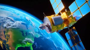 Illustration de l'observation du satellite chinois Shijian 26 par un autre satellite, générée par intelligence artificielle.