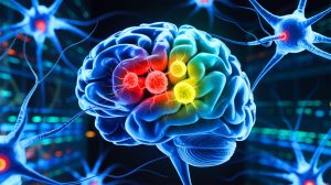 Illustration de la découverte de cellules progénitrices dans le cerveau adulte, générée par intelligence artificielle.