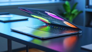 Illustration de l'intégration innovante du pavé tactile à papier électronique dans les ordinateurs portables, générée par intelligence artificielle.