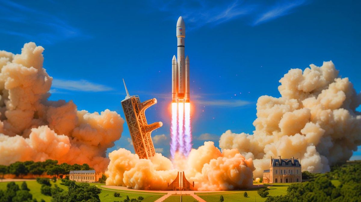 Illustration de la fusée Baguette One prête à être lancée, générée par intelligence artificielle.