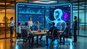 Illustration de l'intégration de l'intelligence artificielle dans les décisions managériales, générée par intelligence artificielle.