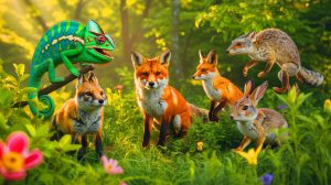 Illustration de la stratégie de survie des animaux changeant de couleur en été, créée par intelligence artificielle.