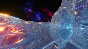 Illustration de la structure complexe de la glace interstellaire révélée par la présence de nanocristaux, générée par intelligence artificielle.