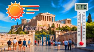 Illustration de l'Acropole d'Athènes fermée en raison de la canicule, générée par intelligence artificielle.