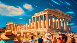 Illustration de l'Acropole d'Athènes sous une canicule intense, générée par intelligence artificielle.