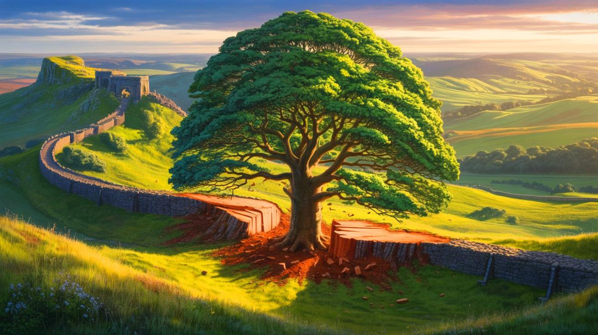 Illustration de l'abattage du Sycamore Gap Tree près du mur d'Hadrien, générée par intelligence artificielle.