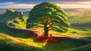 Illustration de l'abattage du Sycamore Gap Tree près du mur d'Hadrien, générée par intelligence artificielle.
