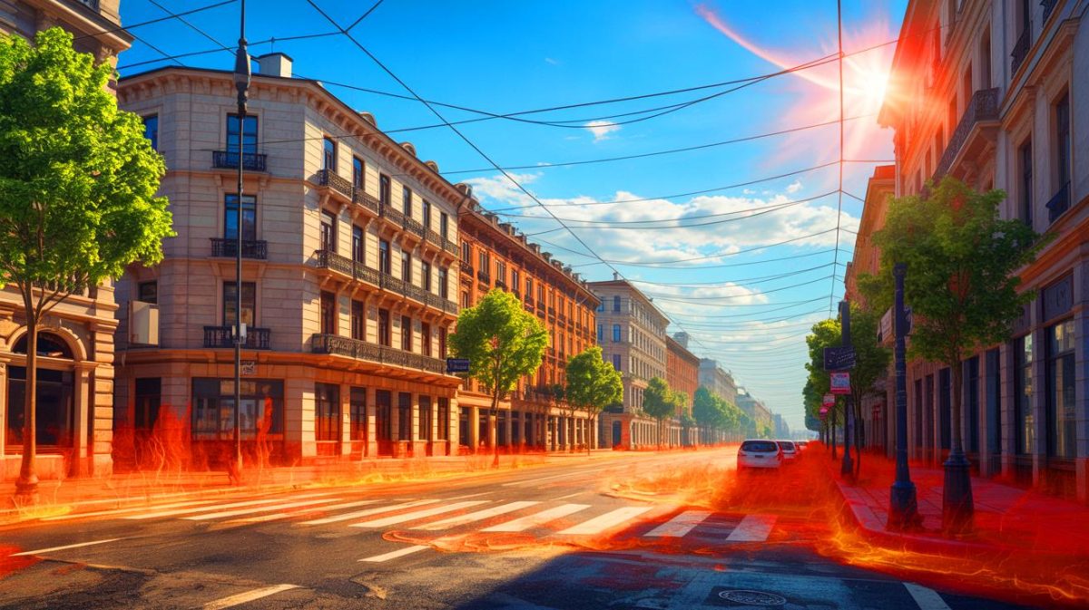 Illustration de l'impact dramatique de la canicule de juin 2025 en Europe, générée par intelligence artificielle.