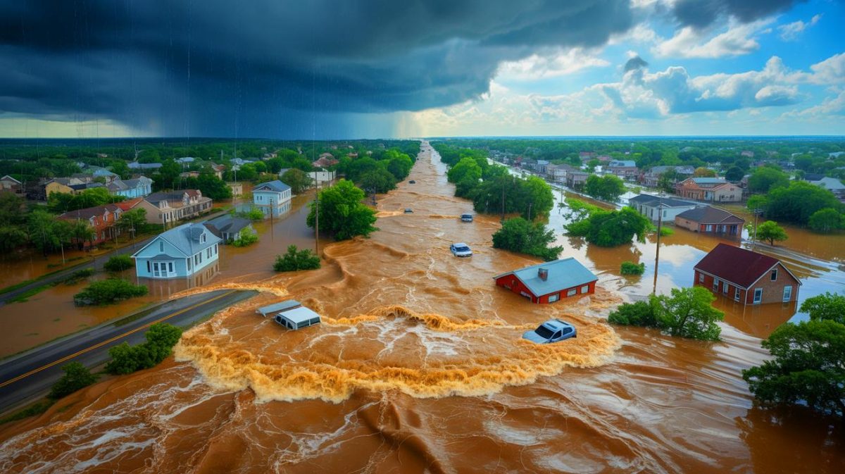 Illustration de l'impact dévastateur des inondations au Texas, générée par intelligence artificielle.
