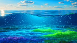 Illustration de la pollution par 27 millions de tonnes de nanoplastiques dans l'Atlantique nord, générée par intelligence artificielle.