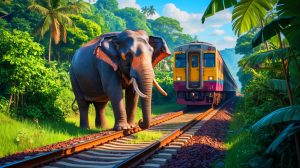 Illustration de la confrontation tragique entre éléphants et activités humaines au Sri Lanka, créée par intelligence artificielle.