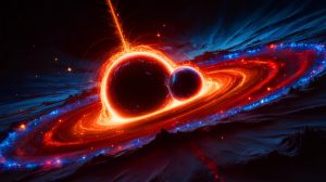 Illustration de la fusion spectaculaire de deux trous noirs formant un trou noir de 225 masses solaires, générée par intelligence artificielle.